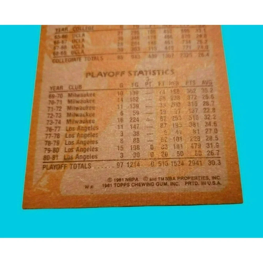 1981-82 Topps KAREEM ABDUL-JABBAR Basketball Card #106 Los Angeles Lakers HOF